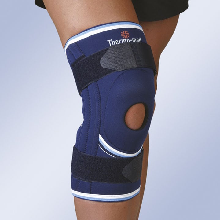 NEOPRENE STABILISER KNEE SUPPORT WITH SILICONE KNEEPAD, LATERAL FLEXIBLE STABILISERS AND ADJUSTMENT STRAPS