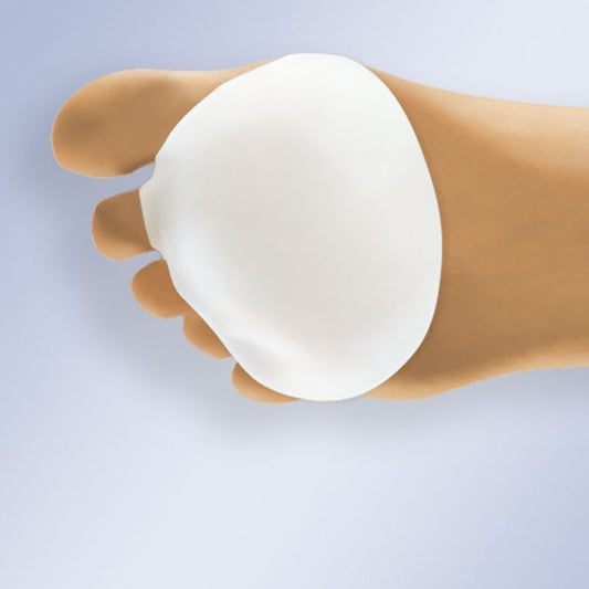 Pad in non-toxic, viscoelastic polymer gel, with ring secured to 2nd toe, covered in elastic surgical fabric.